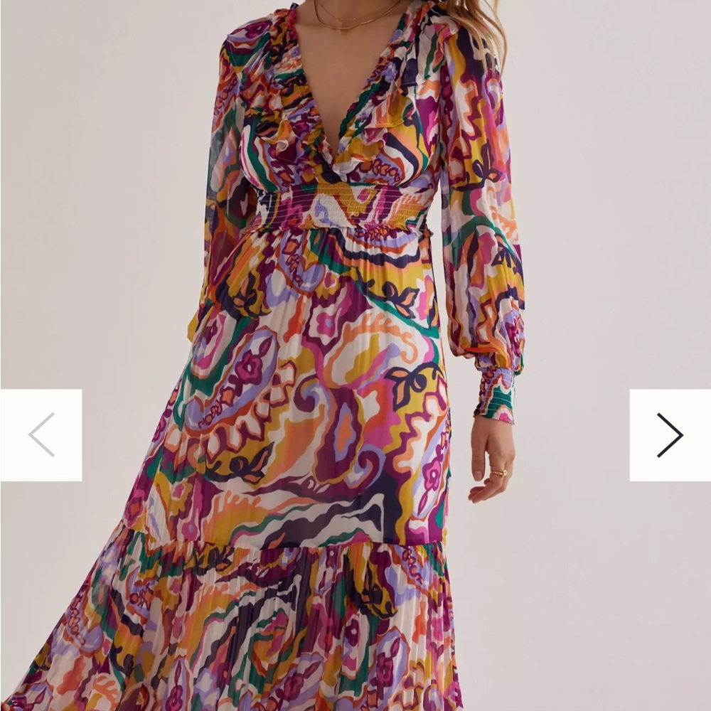 Anthropologie Abstract Print Midi Dress Smocked Waist Ruffle Neck Tassel Tie - Picture 7 of 8